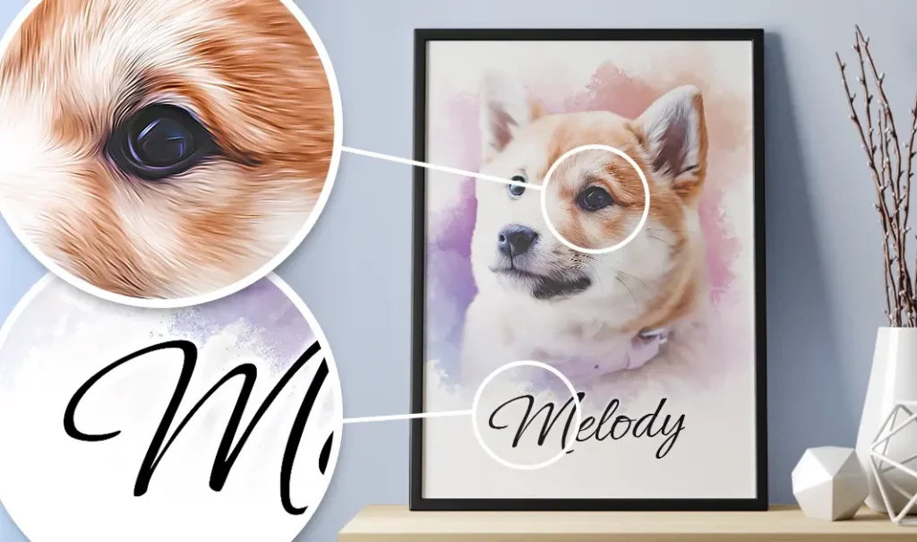 Gerahmtes Hunde-Porträt mit Produktdetails