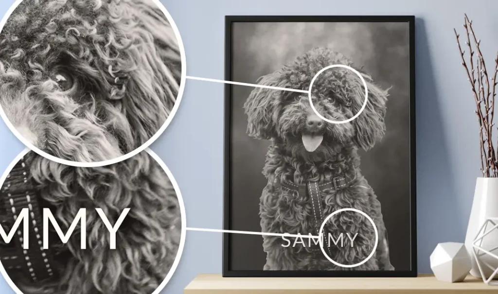 Gerahmtes Hunde-Porträt mit Produktdetails
