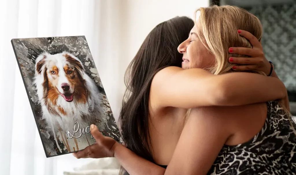 Geschenkübergabe von Hunde-Porträt auf Leinwand im Spirit-Stil