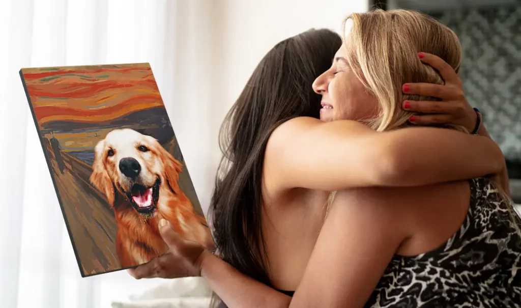 Geschenkübergabe von Hunde-Porträt auf Leinwand im Stil von Der Schrei