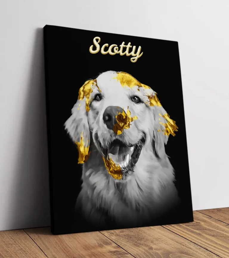 Hundeporträt auf Leinwand im Gold-Stil