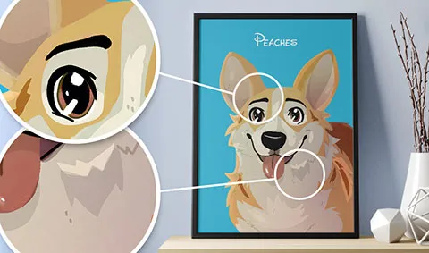 Geschenkübergabe von Haustierporträt auf Leinwand im Cartoon-Stil